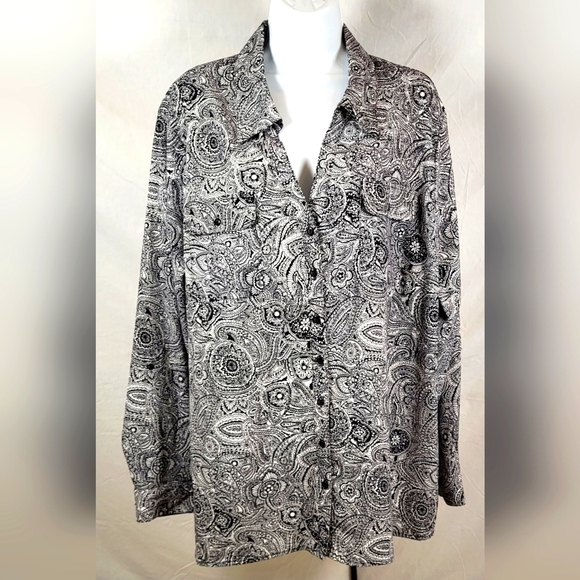 KIM ROGERS Black and White Paisley Button-up Blouse - Size 3X or Size 24W - Picture 1 of 4